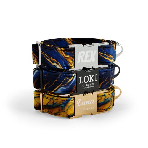 DogNotFox Hundehalsband mit personalisierter mit Name Telefonnummer lasergravierte Schnellverschluss Schnalle Blue Gold Marble Amber Klein von DogNotFox