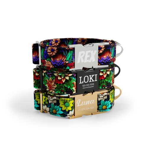 DogNotFox Hundehalsband mit personalisierter mit Name Telefonnummer lasergravierte Schnellverschluss Schnalle Garden Flowers Malachite Klein von DogNotFox