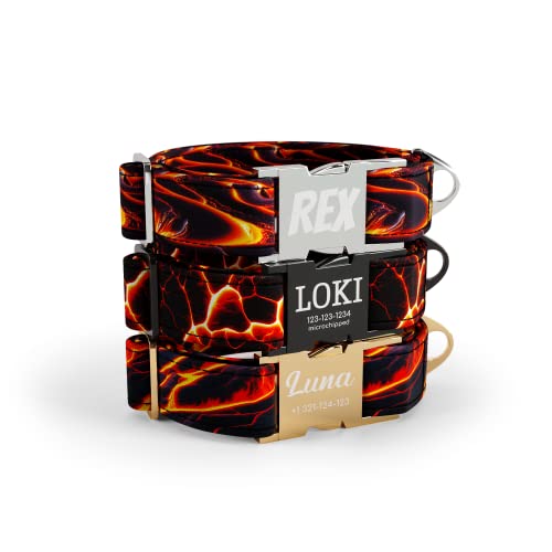 DogNotFox Hundehalsband mit personalisierter mit Name Telefonnummer lasergravierte Schnellverschluss Schnalle Lava Fire Mittel von DogNotFox