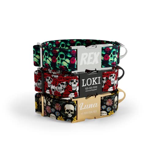 DogNotFox Hundehalsband mit personalisierter mit Name Telefonnummer lasergravierte Schnellverschluss Schnalle Skull and Flowers Crimson Klein von DogNotFox