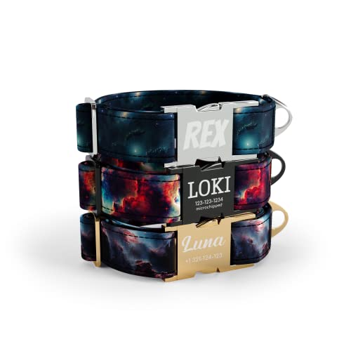 DogNotFox Hundehalsband mit personalisierter mit Name Telefonnummer lasergravierte Schnellverschluss Schnalle Space Nebula Maroon Klein von DogNotFox