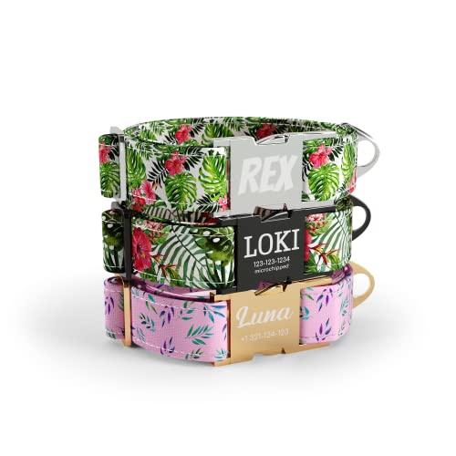 DogNotFox Hundehalsband mit personalisierter mit Name Telefonnummer lasergravierte Schnellverschluss Schnalle Tropical Flowers Raisin Muster Klein von DogNotFox