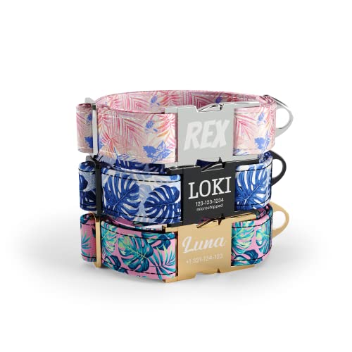 DogNotFox Hundehalsband mit personalisierter mit Name Telefonnummer lasergravierte Schnellverschluss Schnalle Tropical Leaves Cernation Muster XL von DogNotFox