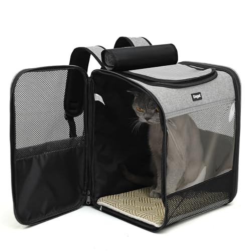 Dogat Katzenrucksack, Groß Katzen Rucksack, Haustier Rucksäcke, für Katzen Hunde, Atmungsaktive, Front Opening-Mesh Fenstertaschen, Faltbar, Tragbare Ourdoor Raum Tragetasche, Grau von Dogat