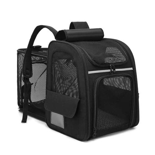 Dogat Haustier Rucksäcke für Katzen Hunde, Katzenrucksack, Tragbare und Erweiterbare Ourdoor Raum Tragetasche, Groß Katzen Rucksack, Atmungsaktive, Front Opening-Mesh Fenstertaschen, Faltbar, Schwarz von Dogat