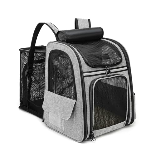 Dogat KatzenRucksack Groß Raum, Haustier Rucksäcke für Katzen Hunde bis 12KG, Faltbar Katzenrucksack, Tragbare und Erweiterbare Ourdoor Raum Tragetasche, Front Opening-Mesh Fenstertaschen, Grau von Dogat