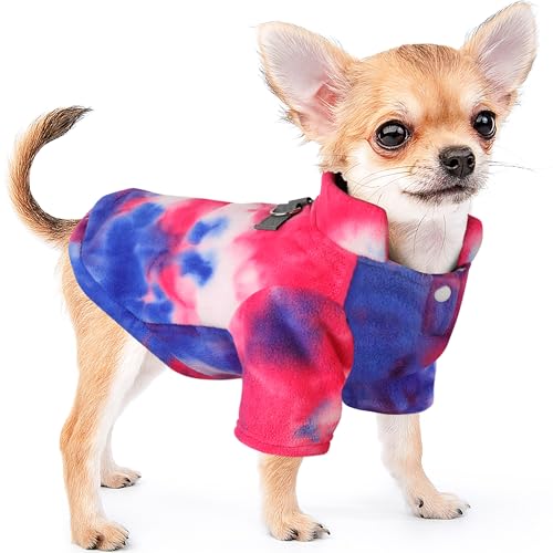 Batik-Fleece-Hundepullover, weiche Welpen-Winterjacke mit D-Ring-Leine und reflektierenden Streifen, Haustierkleidung, kaltes Wetter, Mantel für kleine Hunde, Teetasse, Chihuahua, Yorkie (Rot/Blau, von Dogcheer