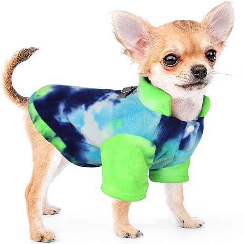 Dogcheer Batik-Fleece-Hundepullover, Sweatshirt, reflektierende Welpenjacke, Wintermantel mit D-Ring-Leine, weicher Rollkragen, Haustier-Fleeceweste, Kleidung für kleine Hunde, Jungen, Mädchen (blau, von Dogcheer