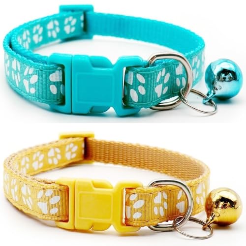 Doggie Style Store Halsbänder für kleine Hunde, Welpen, Katzen, Kätzchen, Pfotenabdruck, Nylon, mit Glöckchen, zweifarbig, Türkis und Beige, 2 Stück Doggie Style Store Halsbänder für kleine Hunde, Welpen, Katzen, Kätzchen, Pfotenabdruck, Nylon, mit Glöckchen, zweifarbig, Türkis und Beige, 2 Stück von Doggie Style Store