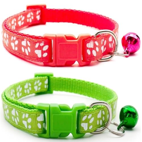 Doggie Style Store Halsbänder für kleine Hunde, Welpen, Katzen, Kätzchen, Pfotenabdruck-Design, Nylon mit Glöckchen, zweifarbig, Wassermelone und Limettengrün, 2 Stück von Doggie Style Store