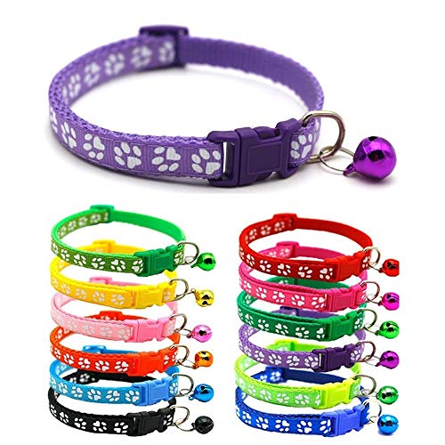 Doggie Style Store Halsband für kleine Hunde, Welpen, Katzen, Kätzchen, Pfotenabdruck-Design, Nylon, verstellbar, mit Glöckchen, Violett von Doggie Style Store