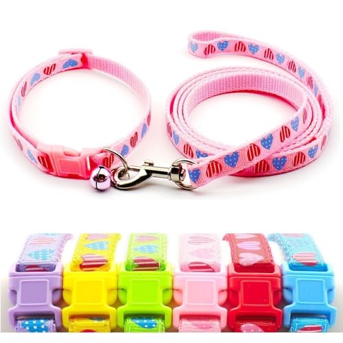 Doggie Style Store Halsband und Leine für kleine Hunde, Herz-Design, Nylon, verstellbare Größe, 19–32 cm, Halsband mit Glöckchen und 120 cm Leine, Rosa von Doggie Style Store