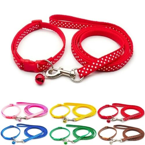 Doggie Style Store Halsband und Leine für kleine Hunde, Punktemuster, Nylon, verstellbare Größe, 19–32 cm, Halsband mit Glöckchen und 120 cm Leine, Rot von Doggie Style Store