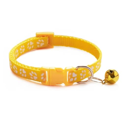 Doggie Style Store Hundehalsband, Größe S, M, 2 Größen, Pfotenabdruck-Design mit Glöckchen, Nylon, verstellbar, Gelb, Größe S von Doggie Style Store