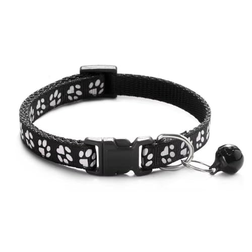 Doggie Style Store Hundehalsband, Größe S, M, 2 Größen, Pfotenabdruck-Design mit Glöckchen, Nylon, verstellbar, Schwarz, Größe M von Doggie Style Store