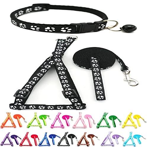 Doggie Style Store Kleine Hunde Welpen Haustier Katze Kätzchen Halsband Harness und Leine 3 Stück Set Pfotenabdruck Farben Nylon mit Glocke Verstellbar Schnellverschluss Clip Schnalle Leine Schwarz von Doggie Style Store