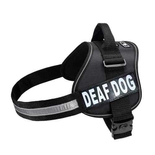 Deaf Hund Vest Nylon Hunde Harness. Kauf wird mit 2 reflektierenden abnehmbaren Deaf Hund Klettverschluss pathces. Bitte Messen Sie Ihren Hund vor Bestellung, Girth 19-25", schwarz von Doggie Stylz