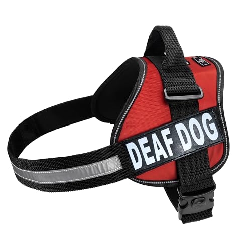 Deaf Hund Vest Nylon Hunde Harness. Kauf wird mit 2 reflektierenden abnehmbaren Deaf Hund Klettverschluss pathces. Bitte Messen Sie Ihren Hund vor Bestellung, Girth 28-38", rot von Doggie Stylz