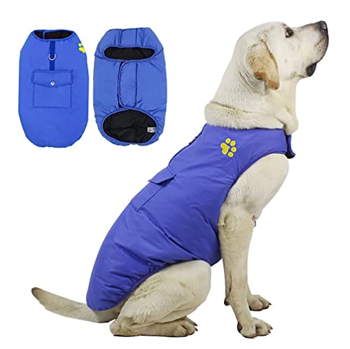 DoggieKit Kosten für kaltes Wetter für Hunde, Wendbare wasserdichte warme Hundejacke Weste Wintermantel mit Tasche und D-Ring, Winddichte Haustier-Baumwollkleidung (Blue, L) von DoggieKit