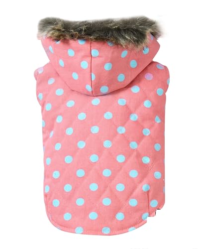 DoggyDolly W482 Hundemantel/Hundejacke mit Kapuze rosa getupft (XS- Brust 31-33 cm - Rücken 18-20 cm) von DoggyDolly