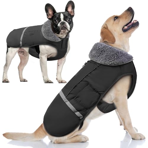 Doglay Hunde-Wintermantel mit dickem Pelzkragen, reflektierende warme Haustierjacke, wasserdicht, winddicht, Hundekleidung für kaltes Wetter, mittelgroße und große Hunde (XL, schwarz) von Doglay