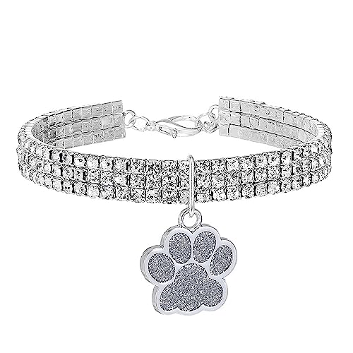 Dogs Kingdom Ausgefallene 3-reihige Kristall-Hunde-Halskette mit glitzernden Strasssteinen, große Pfoten-Anhänger für Haustiere, Katzen, kleine Hunde, Mädchen, Teetasse, Chihuahua, Yorkie, Kostüm, von Dogs Kingdom