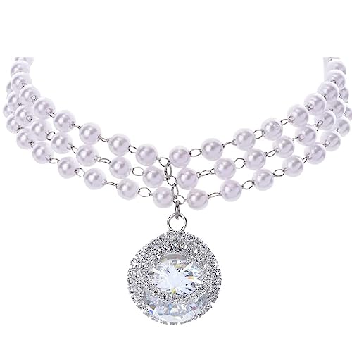 Dogs Kingdom Halsband für Hunde und Katzen, mit weißen Perlen, verstellbar, mit großem Strass-Anhänger, Größe L: 30,5–38,1 cm Halsumfang von Dogs Kingdom