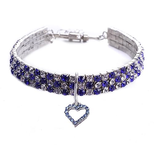 Dogs Kingdom Haustierhalsband, für Hunde und Katzen, mit Herzen, glitzernde Strasssteine, Party-Prinzessinnen-Halskette, verstellbar, Blau, Größe M: 25,4–30,5 cm Halsumfang von Dogs Kingdom