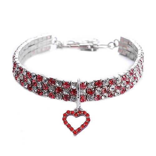 Dogs Kingdom Haustierhalsband, für Hunde und Katzen, mit Herzen, glitzernde Strasssteine, verstellbar, Rot, Größe S: 20,3–25,4 cm Halsumfang von Dogs Kingdom