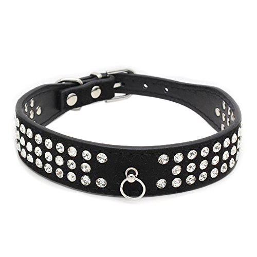 Dogs Kingdom Hundehalsband, 30,5–50,8 cm Gesamtlänge, Wildlederhaut, Schmucksteine, Strasssteine, dreireihig, glitzernde Kristalldiamanten, Nieten, Welpen, Hundehalsband, Schwarz, Größe XS von Dogs Kingdom