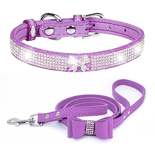 Dogs Kingdom Hundehalsband-Set mit Leine und Leine, glänzend, mit Fliege, Kristall, für Hunde, Kätzchen, Welpen, Kostüm, Outfits, Zubehör, weich und verstellbar, lila, Größe L: 36,8–45,7 cm Halsumfang von Dogs Kingdom