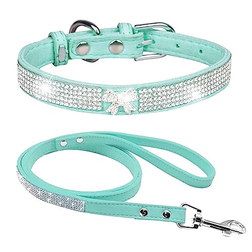 Dogs Kingdom Hundehalsband-Set mit Leine und Leine, glänzend, weiches Wildleder, 2 Stück, schönes Bling-Aussehen, Blau, Größe XXS: 15,2–21,1 cm Halsumfang von Dogs Kingdom