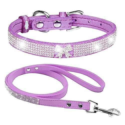 Dogs Kingdom Hundehalsband-Set mit Leine und Leine, glänzend, weiches Wildleder, für Hunde und Katzen, 2 Stück, schönes Bling-Aussehen, Lila, Größe S: 25,4–32 cm Halsumfang von Dogs Kingdom