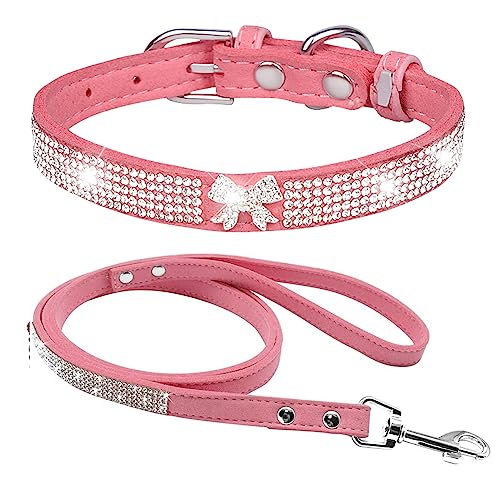 Dogs Kingdom Hundehalsband-Set mit Leine und Leine, glänzend, weiches Wildleder, für Hunde und Katzen, 2 Stück, schönes Bling-Aussehen, Rosa, Größe M: 32–38,1 cm Halsumfang von Dogs Kingdom