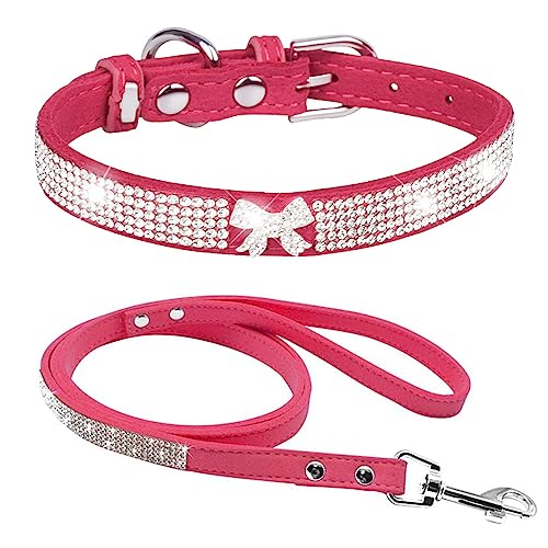 Dogs Kingdom Hundehalsband-Set mit Leine und Leine, glänzend, weiches Wildleder, für Hunde und Katzen, 2 Stück, schönes Bling-Aussehen, Rosenrot, Größe M: 32–38,1 cm Halsumfang von Dogs Kingdom