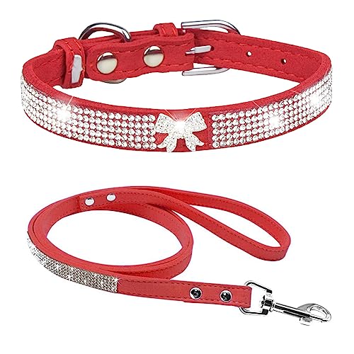 Dogs Kingdom Hundehalsband-Set mit Leine und Leine, glänzend, weiches Wildleder, für Hunde und Katzen, 2 Stück, schönes Bling-Aussehen, Rot, Größe L: 36,8–45,7 cm Halsumfang von Dogs Kingdom