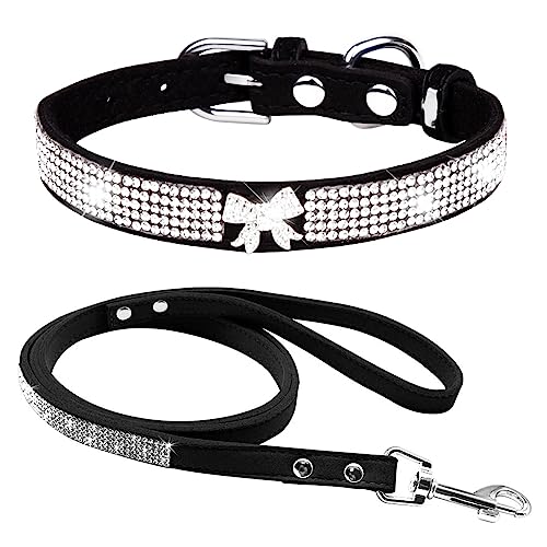 Dogs Kingdom Hundehalsband-Set mit Leine und Leine, glänzend, weiches Wildleder, für Hunde und Katzen, 2 Stück, schönes Bling-Aussehen, Schwarz, Größe L: 36,8–45,7 cm Halsumfang von Dogs Kingdom