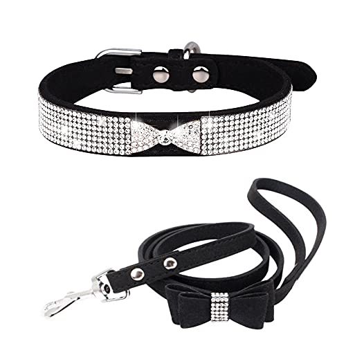 Dogs Kingdom Hundehalsband-Set mit Strasssteinen, mit Schleife, weicher Samt mit glitzernden Kristallnieten, glänzendes Haustier-Aussehen für kleine bis große Hunde, Katzen, M: 32,38 cm Halsumfang von Dogs Kingdom