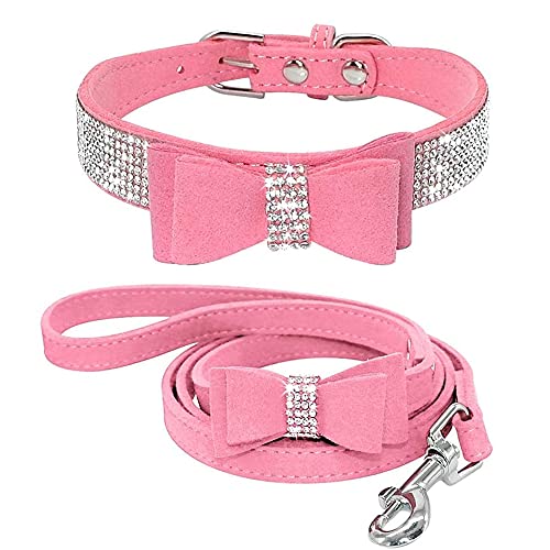 Dogs Kingdom Hundehalsband-Set, Halsband mit Strasssteinen, niedlichen Schleife, verstellbar, weichem Samt für kleine Hunde, Rosa, XXS: 15,2–21,1 cm Halsumfang von Dogs Kingdom