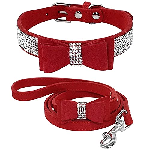 Dogs Kingdom Hundehalsband-Set mit Strasssteinen, mit niedlichen Schleife, verstellbar, mit weichem Samt, Rot, L: 36,8–47 cm Halsumfang von Dogs Kingdom