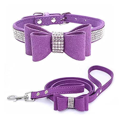 Dogs Kingdom Hundehalsband-Set mit Strasssteinen, mit niedlichen Schleife, verstellbar, mit weichem Samt, Violett, L: 36,8–47 cm Halsumfang von Dogs Kingdom