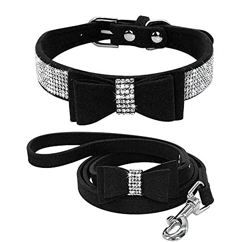 Dogs Kingdom Hundehalsband-Set mit Strasssteinen, mit niedlichen Schleifen, verstellbar, mit weichem Samt, Schwarz, XL: 40,6–50,8 cm Halsumfang von Dogs Kingdom