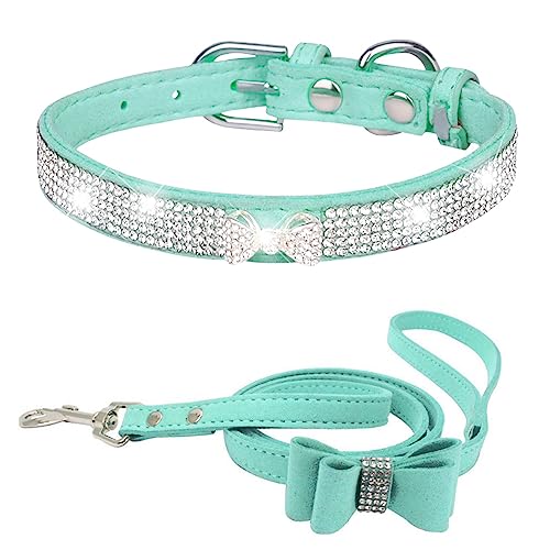 Dogs Kingdom Hundehalsband aus weichem Samt, für kleine Hunde und Katzen, mit glitzernden Kristallbesetzungen, schöne Krawattenanhänger für Youkshire Terrier, Shih Tzu, Blau, Größe M: 32–38,1 cm von Dogs Kingdom