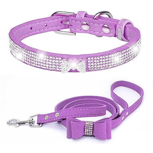 Dogs Kingdom Hundehalsband aus weichem Samt, für kleine Hunde und Katzen, mit glitzernden Kristallbesetzungen, schöne Krawattenanhänger für Youkshire Terrier, Shih Tzu, Lila, Größe L: 36,8–45,7 cm von Dogs Kingdom