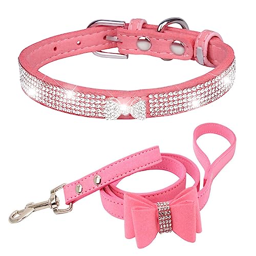 Dogs Kingdom Hundehalsband aus weichem Samt, für kleine Hunde und Katzen, mit glitzernden Kristallbesetzungen, schöne Krawattenanhänger für Youkshire Terrier, Shih Tzu, Rosa, Größe L: 36,8–45,7 cm von Dogs Kingdom