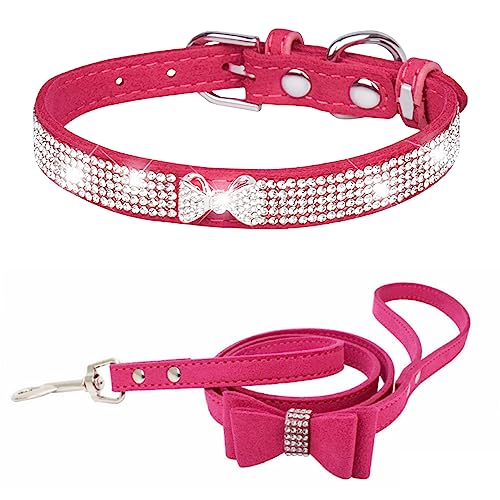 Dogs Kingdom Hundehalsband aus weichem Samt, für kleine Hunde und Katzen, mit glitzernden Kristallbesetzungen, schöne Krawattenanhänger für Youkshire Terrier, Shih Tzu, Rosenrot, Größe L: 36,8–45,7 cm von Dogs Kingdom