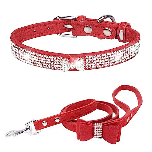 Dogs Kingdom Hundehalsband aus weichem Samt, für kleine Hunde und Katzen, mit glitzernden Kristallbesetzungen, schöne Krawattenanhänger für Youkshire Terrier, Shih Tzu, Rot, Größe S: 25,4–32 cm von Dogs Kingdom