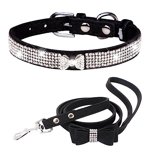 Dogs Kingdom Hundehalsband aus weichem Samt, für kleine Hunde und Katzen, mit glitzernden Kristallbesetzungen, schöne Krawattenanhänger für Youkshire Terrier, Shih Tzu, schwarz, Größe L: 36,8–45,7 cm von Dogs Kingdom