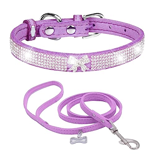 Dogs Kingdom Hundehalsband aus weichem Samt, mit Leine, verstellbar, für kleine Haustiere, mit Strasssteinen, modisches und buntes Set, Lila, Größe L: 36,8–45,7 cm Halsumfang von Dogs Kingdom