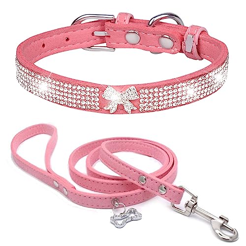 Dogs Kingdom Hundehalsband aus weichem Samt, mit Leine, verstellbar, für kleine Haustiere, mit Strasssteinen, modisches und buntes Set, Rosa, Größe L: 36,8–45,7 cm Halsumfang von Dogs Kingdom